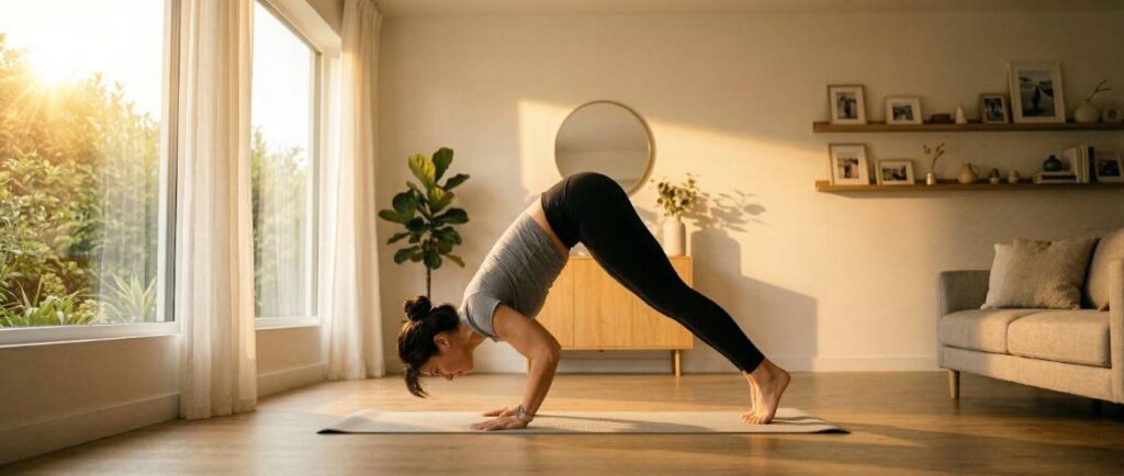 明るい自宅リビングで、アイキャッチ画像の日本人女性がペットボトルを使った正しいサイドレイズのフォーム（真横）を実演。両手のペットボトルを床と平行になるまで上げた「トップポジション」の状態。肩のトレーニング、初心者向け解説画像.