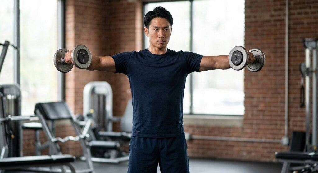 日本人男性がジムでダンベルサイドレイズを行っている写真。両手にダンベルを持ち、肘を軽く曲げて肩の高さまで斜め前に上げている。