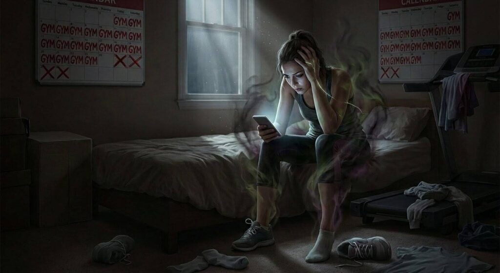 「薄暗い部屋で携帯電話を見て頭を抱える、ストレスを感じる運動ウェア姿の女性。彼女の体から紫と緑の煙が立ち上り、壁にはジムの予定が×印で消されたカレンダーが掛かっている。」