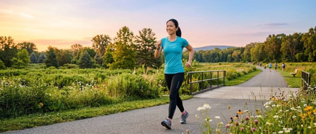 日曜日の朝、公園で正しいフォームで早歩き（有酸素運動）をする女性。お散歩と違う、脂肪燃焼効果を高めるアクティブなウォーキングのイメージ。