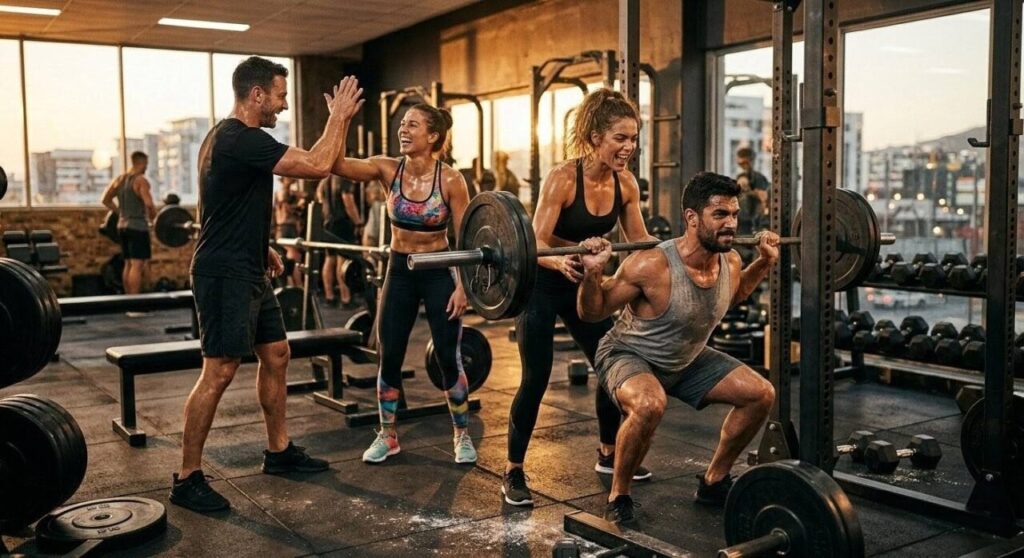 夕暮れのジムで、バーベルスクワットをする男性と、ハイタッチをして励ます男女の仲間たち。