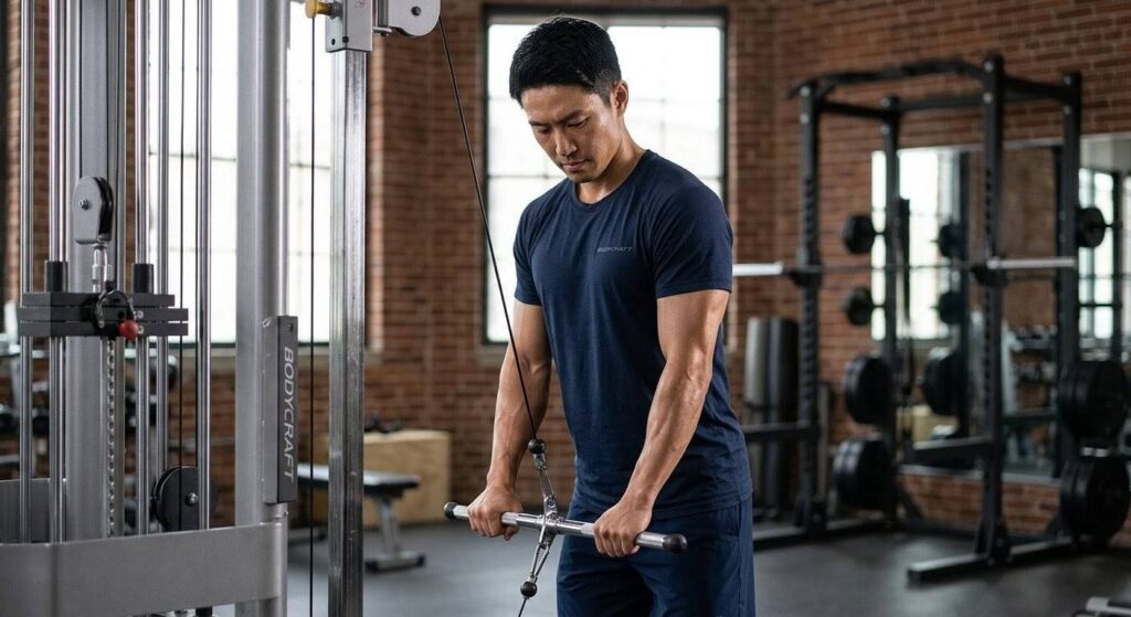 日本人男性がジムでケーブルプレスダウンを行っている写真。ケーブルマシンのバーを握り、肘を脇に固定して前腕を下に押し下げている。