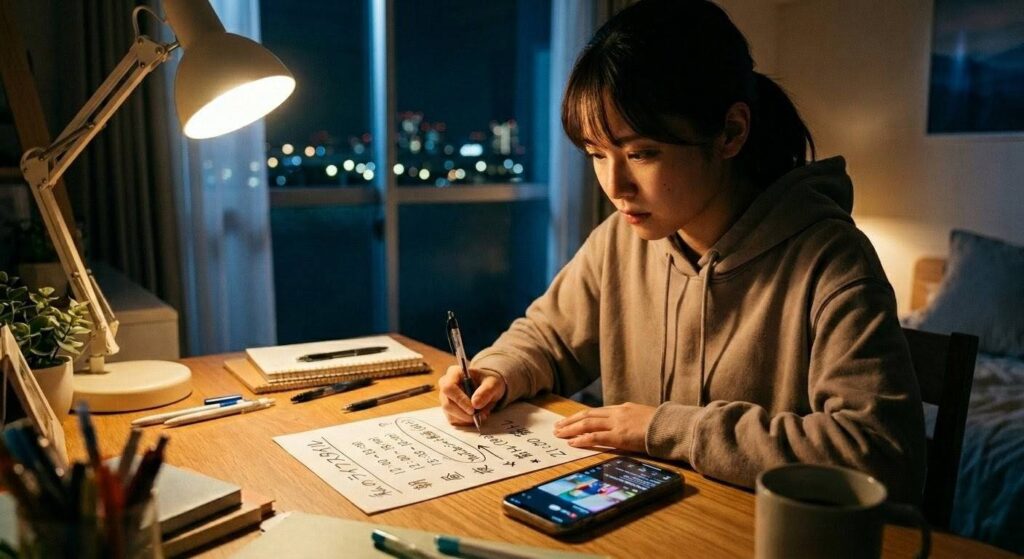 夜のデスクでライフスタイルを見直す女性