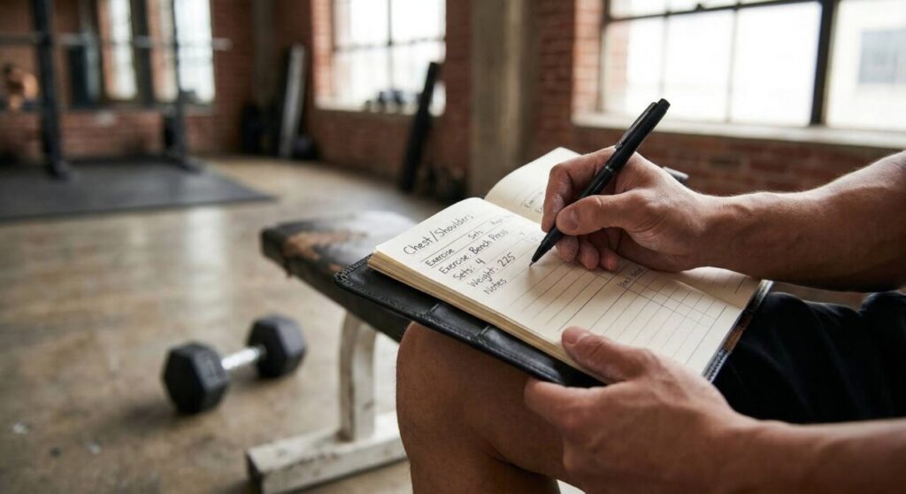ジムのベンチに座り、トレーニングノートに今日の記録を手書きで書き込んでいる男性の手元。