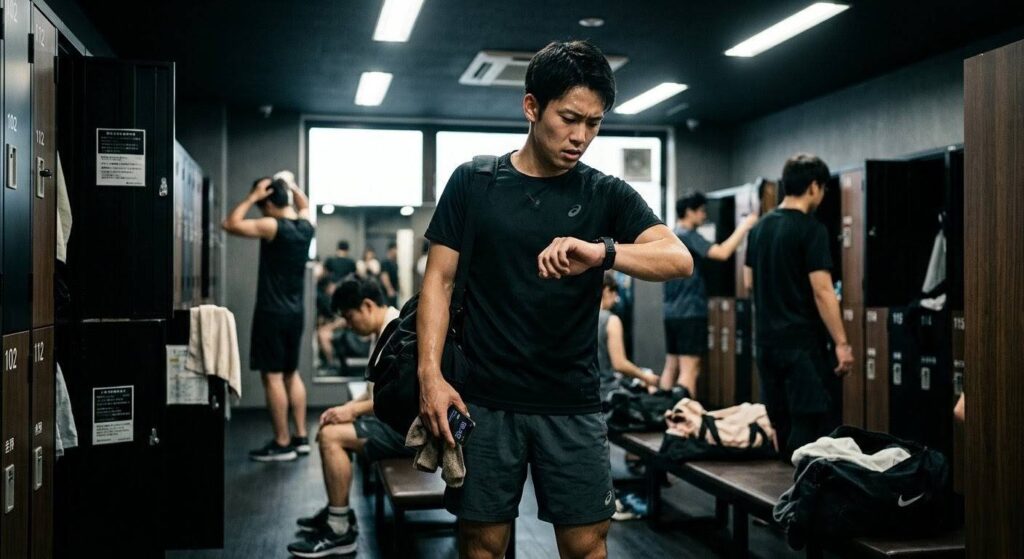 ジムで時間がなく、焦ってスマートウォッチで時間を確認するビジネスパーソン