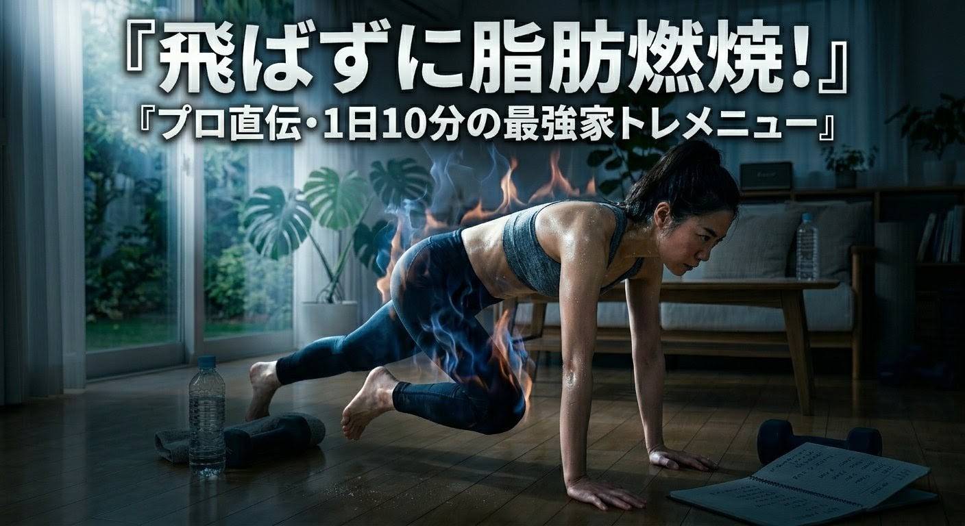 自宅リビングで、集中して飛ばない運動（マウンテンクライマー）を行い、筋肉の緊張と静かな炎で「飛ばずに脂肪燃焼」を体現する女性のアイキャッチ画像。