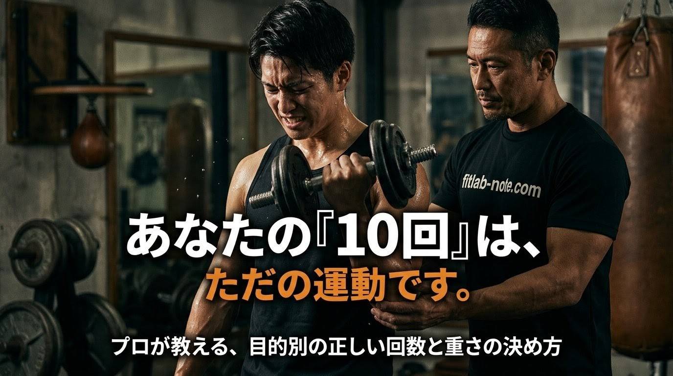 限界までダンベルで筋トレを行う男性と指導するトレーナー（目的別の正しい回数と重さの決め方を解説するアイキャッチ画像）