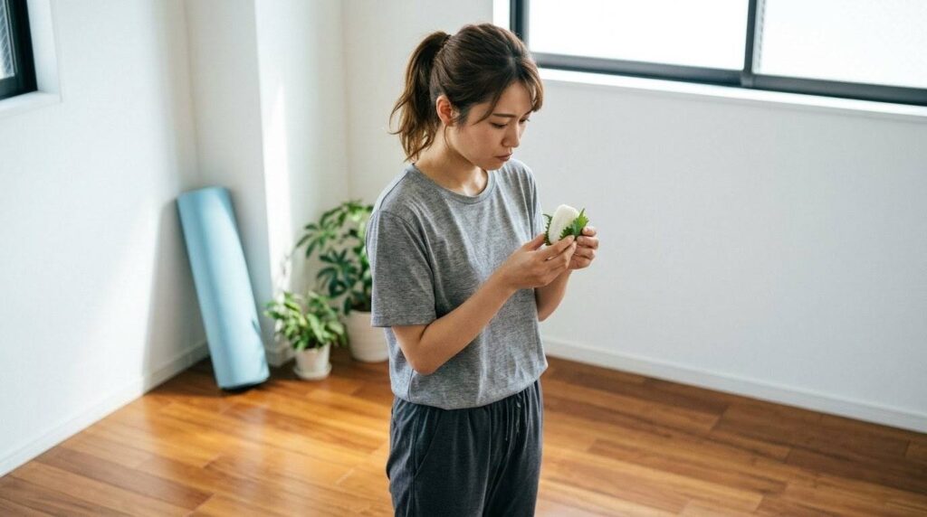 ダイエット中の筋トレ前、「体を動かすための燃料」として小さなおにぎり（糖質）を食べる日本人女性