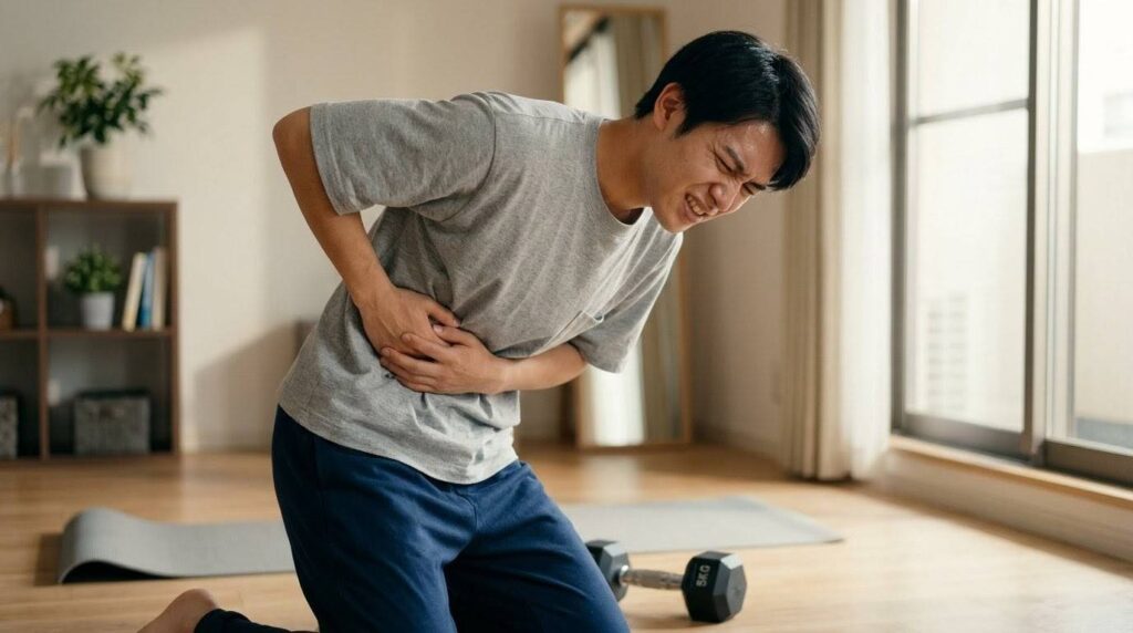 食後すぐの筋トレで胃腸に血液がいかず、横っ腹が痛くなってしまった日本人男性