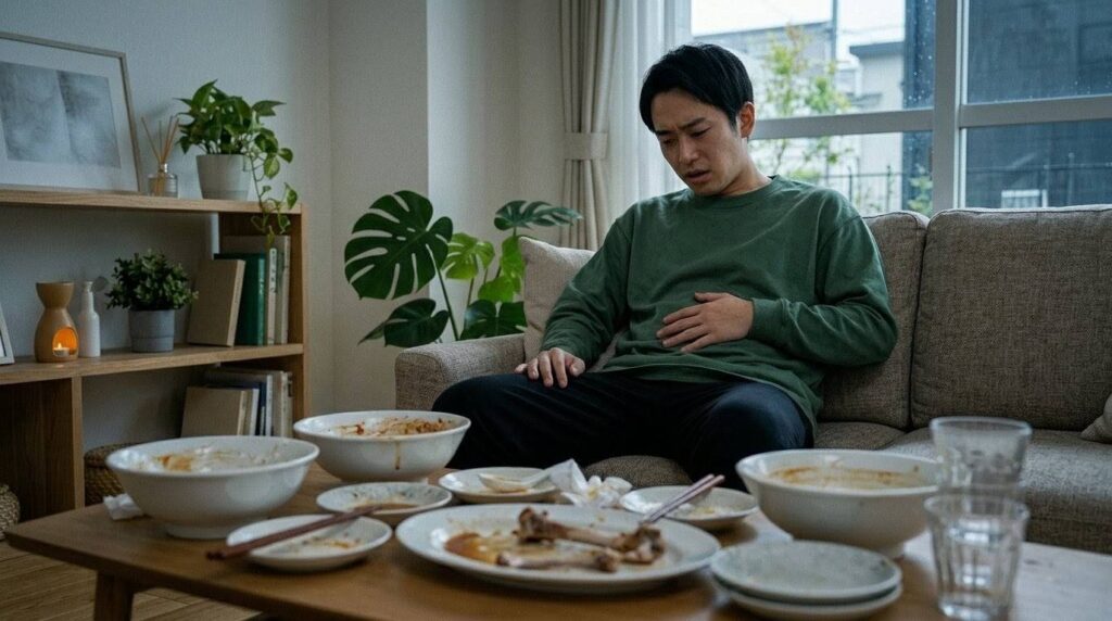 食後すぐの筋トレで胃腸に負担がかかり、苦しそうにしている日本人男性