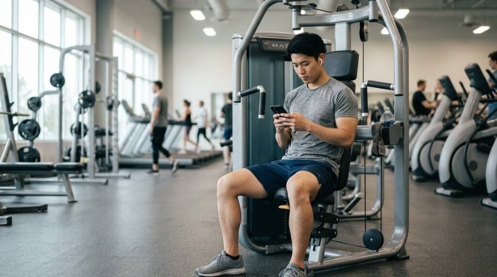 ジムのマシンに座ったままスマホに夢中になっているNG行動
