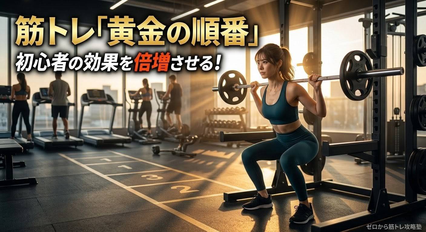 筋トレの正しい順番を実践し、女性らしくきれいなボディラインを手に入れた自信あふれる初心者が、映画のようなバックライトに照らされながら、完璧なフォームでスクワットを行う様子。日本語のタイトル「筋トレ『黄金の順番』 初心者の効果を倍増させる！」とロゴ。