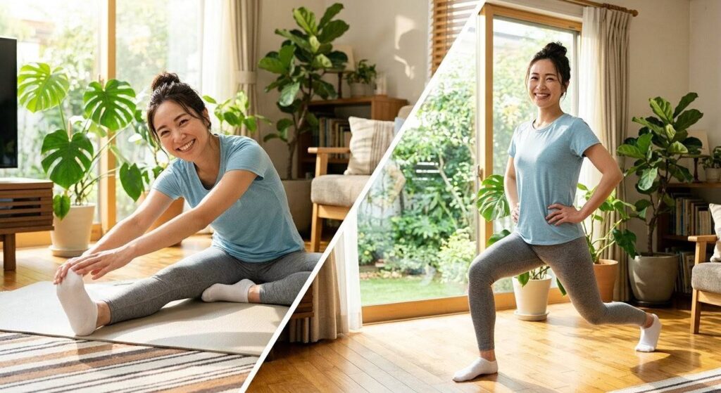運動習慣をつけるために自宅で笑顔で軽いストレッチやトレーニングを行う日本人女性