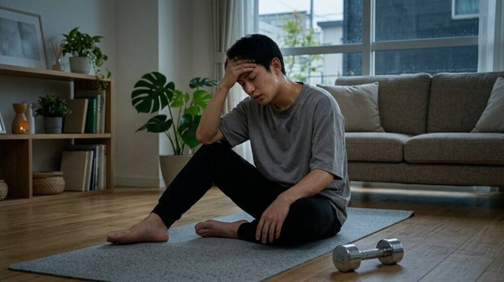 空腹で筋トレを行い、エネルギー不足でバテてしまっている日本人男性