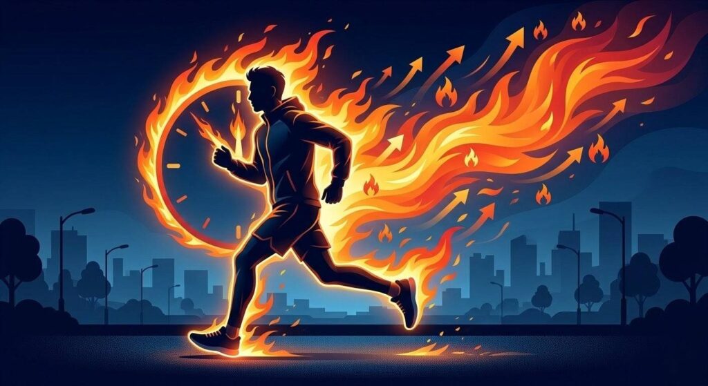 朝トレによって代謝が上がり、1日中脂肪が燃えやすくなっている状態のイメージ