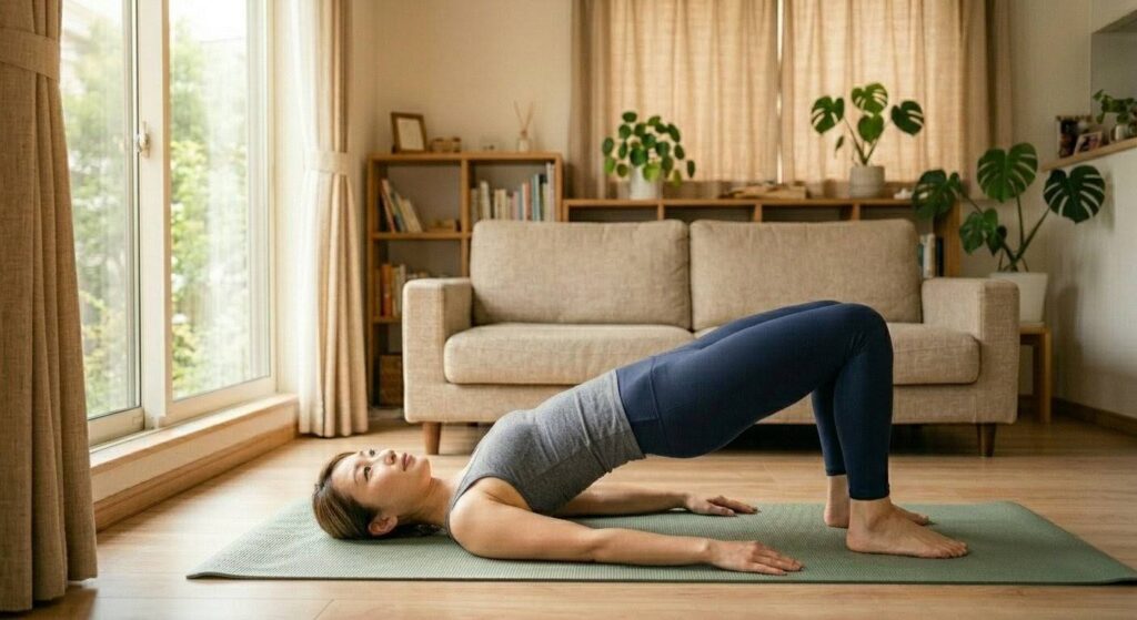 朝ヨガマットの上に仰向けになり、お尻と腰を持ち上げるエクササイズをする日本人女性