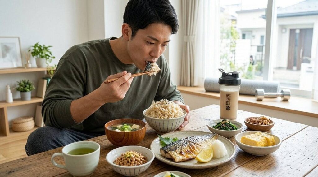 筋肥大を目指し、栄養満点の定食を食べる日本人男性