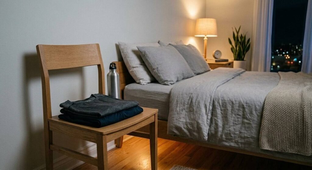 明日の朝トレのために枕元に用意されたトレーニングウェアと水