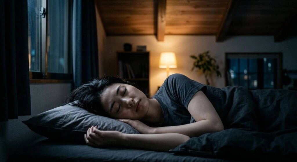 夜トレの効果で深い睡眠に入り、成長ホルモン（痩せホルモン）が分泌されている状態をイメージした、心地よく眠る女性