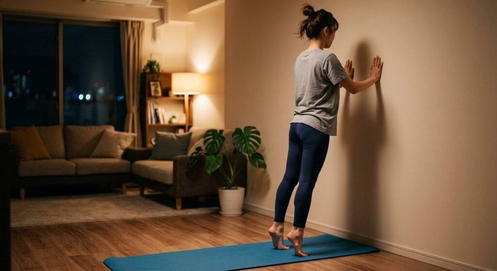 初心者向けの夜の筋トレメニュー1：ストレッチ・カーフレイズの実践画像。夜、薄暗いリビングで、20代後半の日本人女性が壁に手を添え、つま先立ち（カーフレイズ）をしている様子。上げるよりも下ろしてふくらはぎを伸ばす意識で、足のむくみを撃退するフォームを解説。