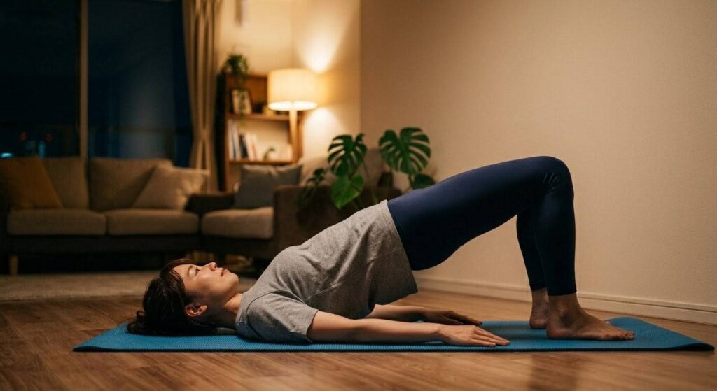 初心者向けの夜の筋トレメニュー3：ヒップリフト・キープの実践画像。夜、仰向けになり、20代後半の日本人女性がお尻を持ち上げて（ヒップリフト）、肩から膝までが一直線になった状態をキープしている様子。デスクワークで丸まった姿勢をリセットするフォームを解説。