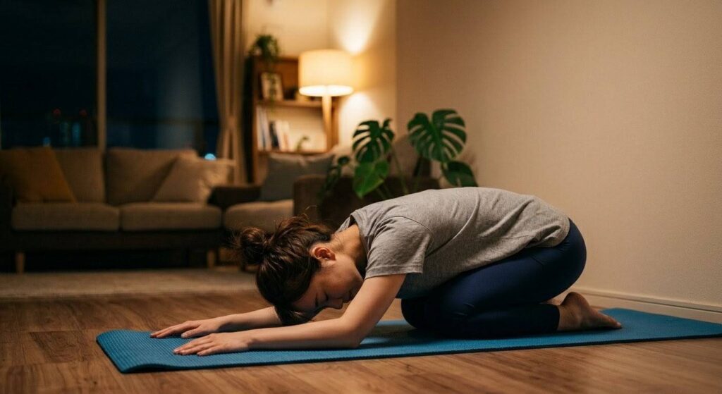 初心者向けの夜の筋トレメニュー4：チャイルドポーズ＆深呼吸の実践画像。夜の自宅リビングで、20代後半の日本人女性が正座の姿勢から体を前に倒し、完全なリラックス状態にある様子（チャイルドポーズ）。深い呼吸で副交感神経を優位にし、睡眠へと誘うクールダウンを解説。