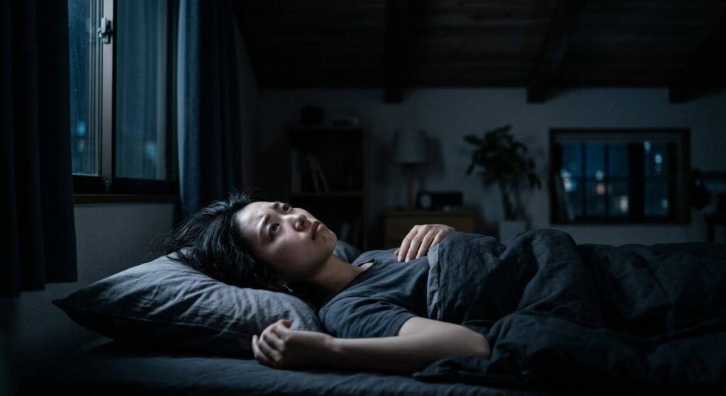 夜の激しい筋トレで交感神経が暴走し、ベッドに入っても目が冴えて眠れなくなっている女性のイメージ