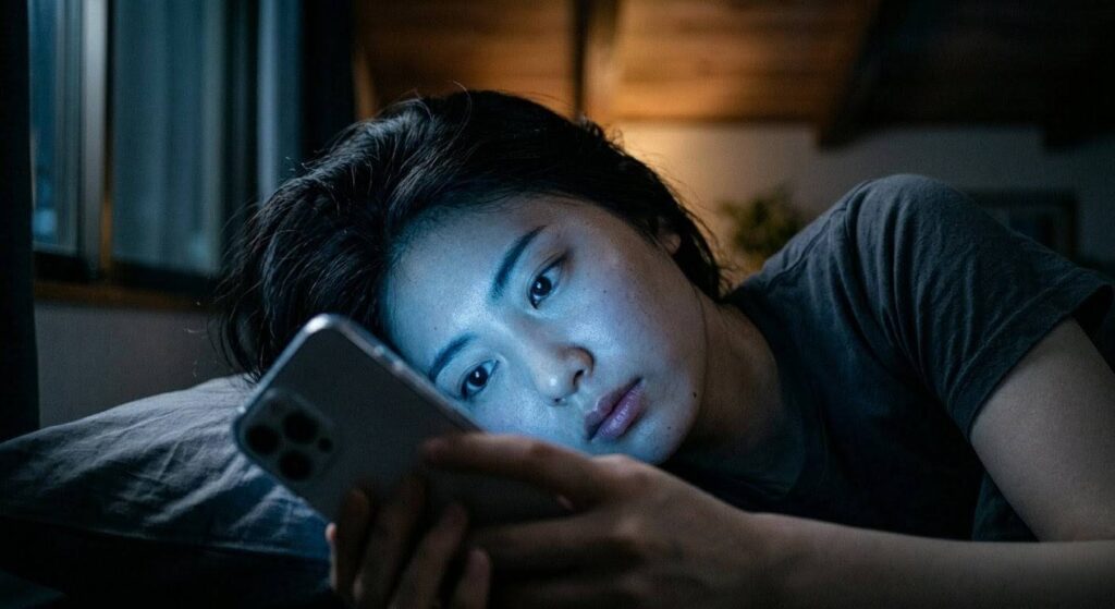 睡眠の質を落とす絶対NG行動。暗いベッドの中でスマホを開き、ブルーライトを浴びてしまっている女性