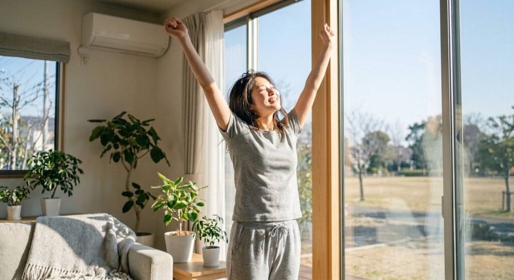 夜の10分間の筋トレと良質な睡眠を経て、翌朝に驚くほどの体の軽さとフレッシュさを感じながら伸びをする女性