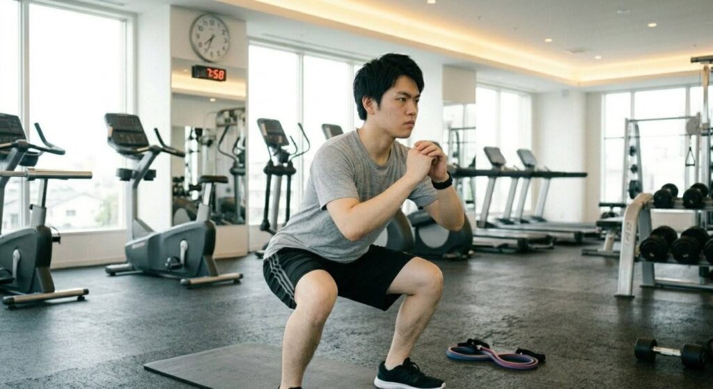 時間がない中で集中して自重スクワット（大筋群）を鍛える日本人初心者男性
