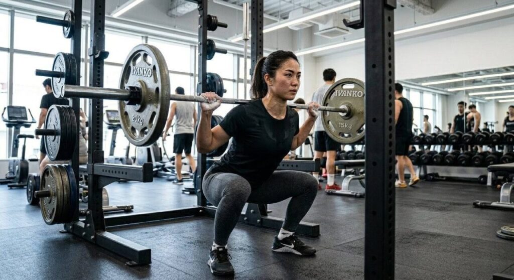 筋トレの序盤で大筋群（脚）の高重量スクワットを行う様子