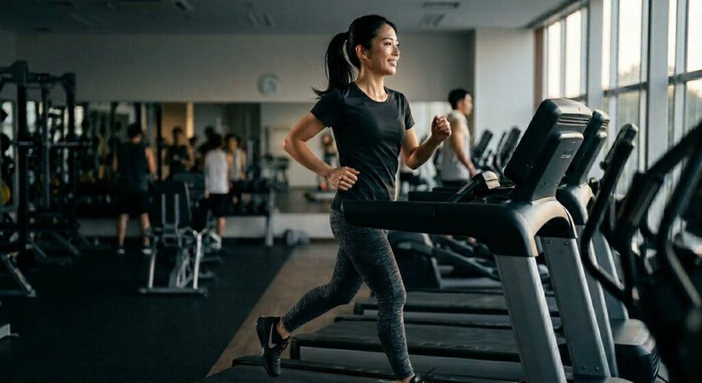 筋トレ後にランニングマシンで有酸素運動（脂肪燃焼）を行う様子
