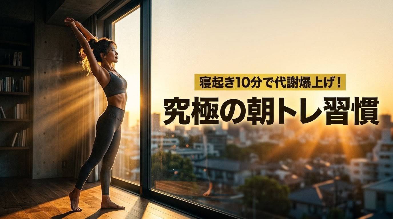 究極の朝トレ習慣!裸足で伸びをする日本人女性と窓から差し込む朝の光(アイキャッチ画像)