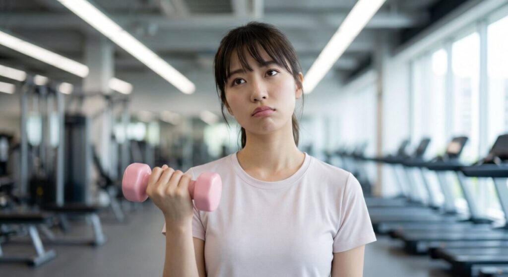 回数のノルマにとらわれて余力のある軽いダンベルで筋トレをする日本人初心者女性