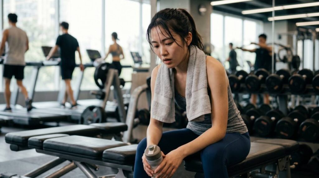 筋トレの休憩中に完全に座り込んで身体を冷やしてしまう女性