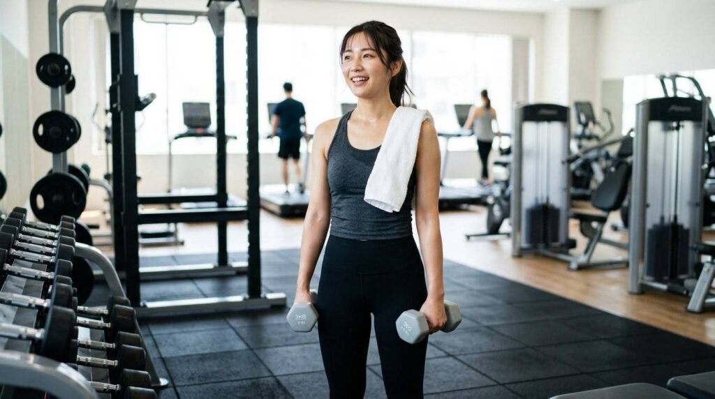 ダイエット目的で短いインターバルを取りながら軽めの筋トレをする日本人女性