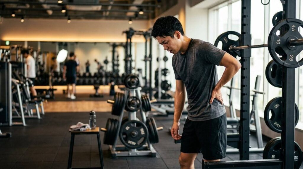 筋トレ中にフォームが崩れて腰を痛めてしまった日本人男性