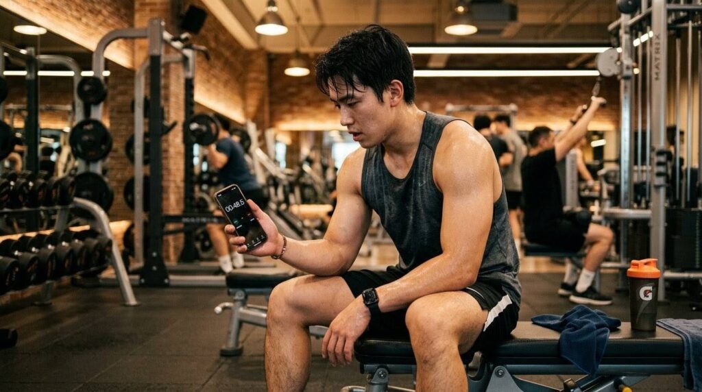 筋トレのインターバル中にスマホのタイマーを確認する日本人男性