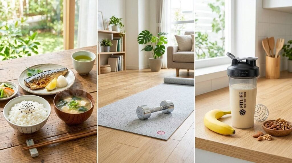 筋トレを「事前の食事」と「事後の栄養補給」でサンドイッチするイメージ