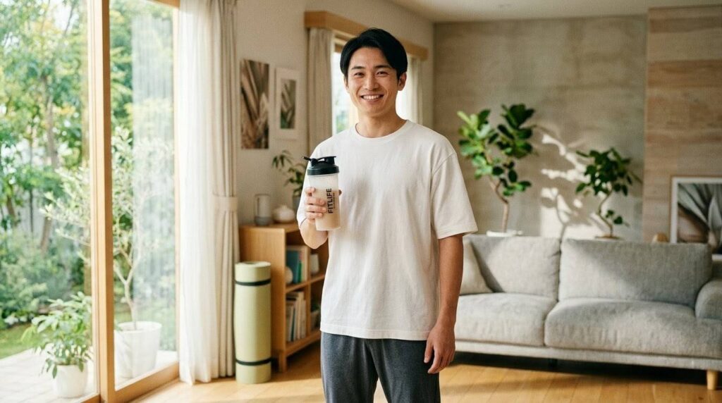 食事のタイミングを理解し、自信に満ちた表情でプロテインを持つ日本人男性