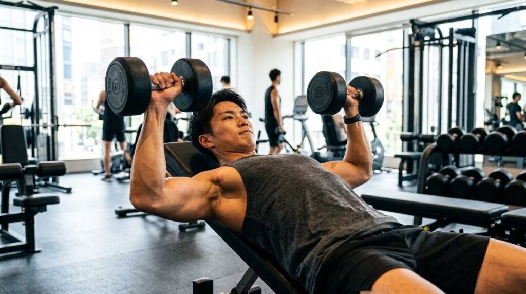 筋肥大を目的に中重量のダンベルプレスを行う日本人男性