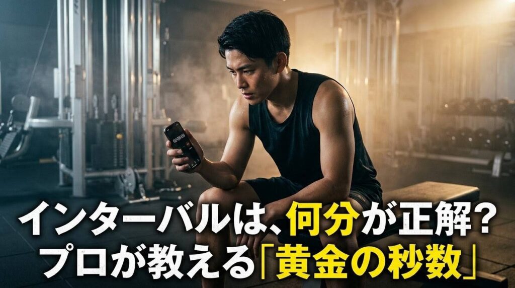 ジムでインターバル中にタイマーに集中する日本人男性のアイキャッチ画像