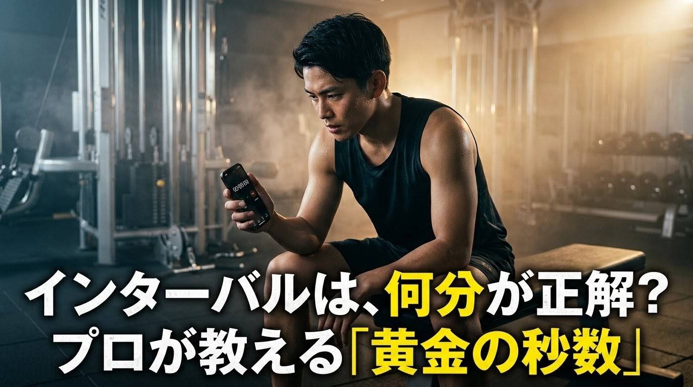 ジムでインターバル中にタイマーに集中する日本人男性のアイキャッチ画像