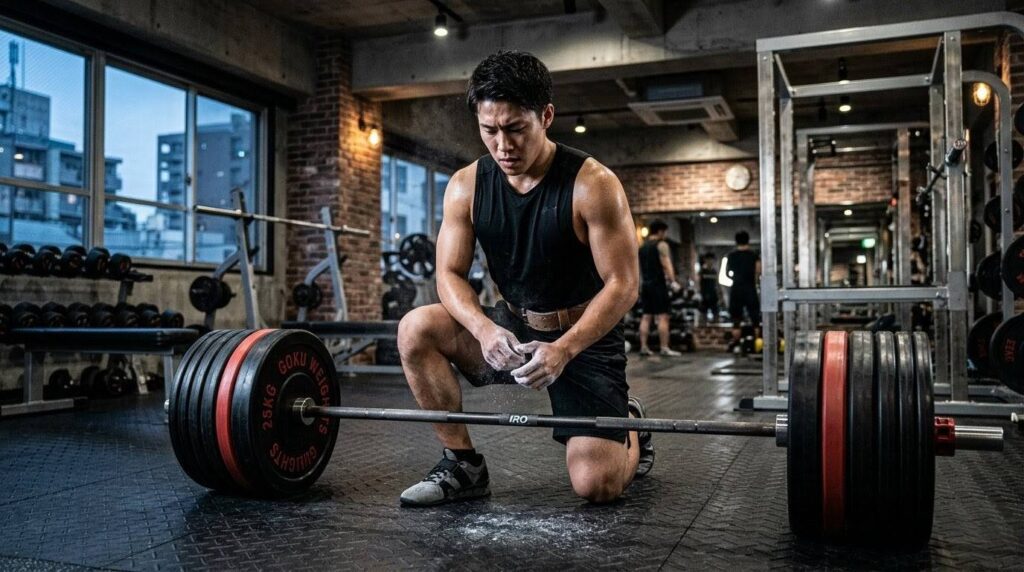 筋力アップのために高重量のデッドリフトに挑む準備をする日本人男性