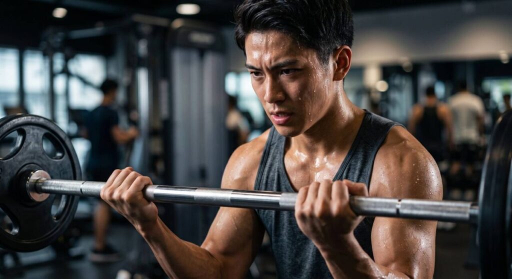 筋トレで1ミリも上がらない本当の限界（100%）まで追い込んでいる日本人男性の様子