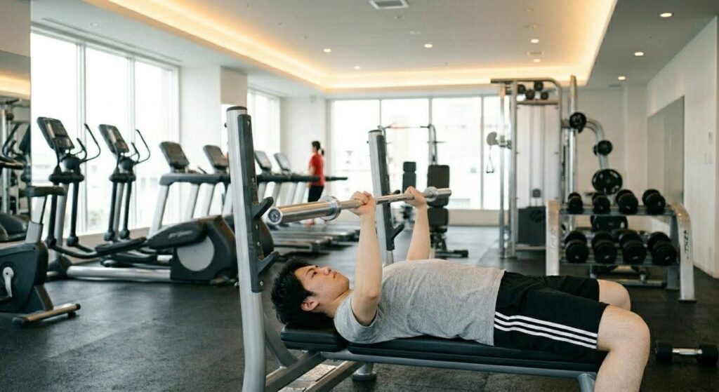 軽い重量でアップセットを行う日本人初心者男性