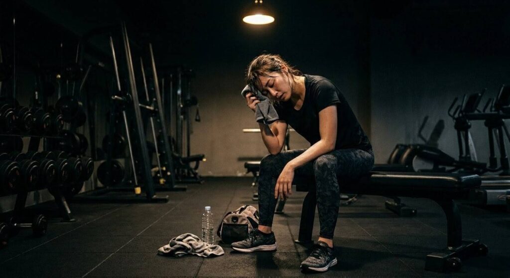 筋トレ中に集中力と体力が切れ、疲労困憊になっている様子