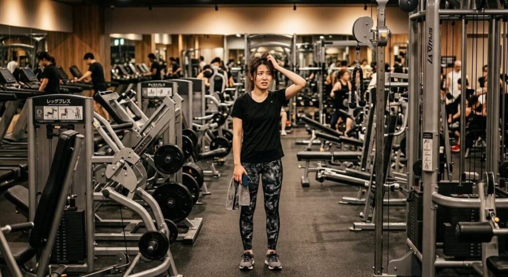 ジムでマシンの順番に迷って困惑している初心者