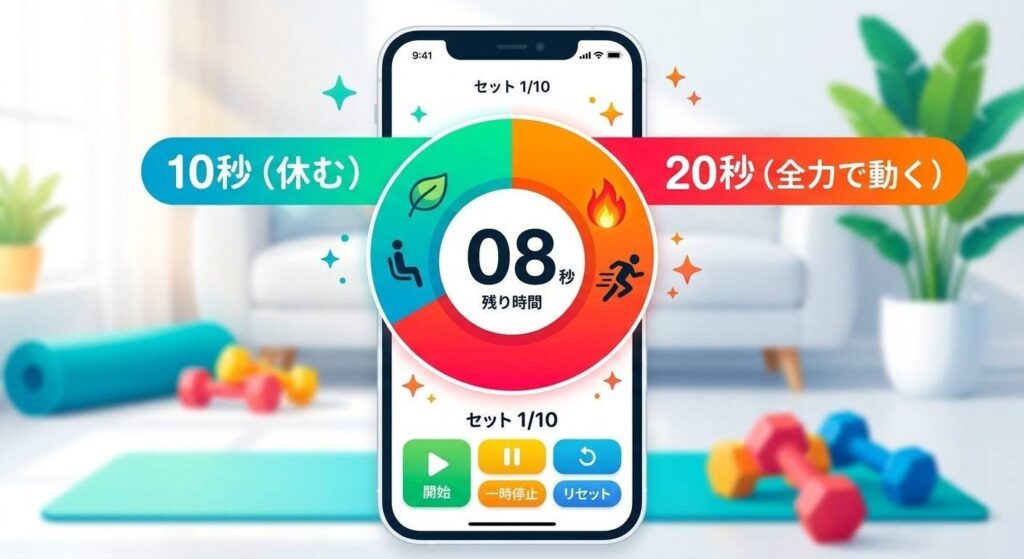 20秒の運動と10秒の休憩を繰り返すHIITのサイクルを表したタイマー画像。
