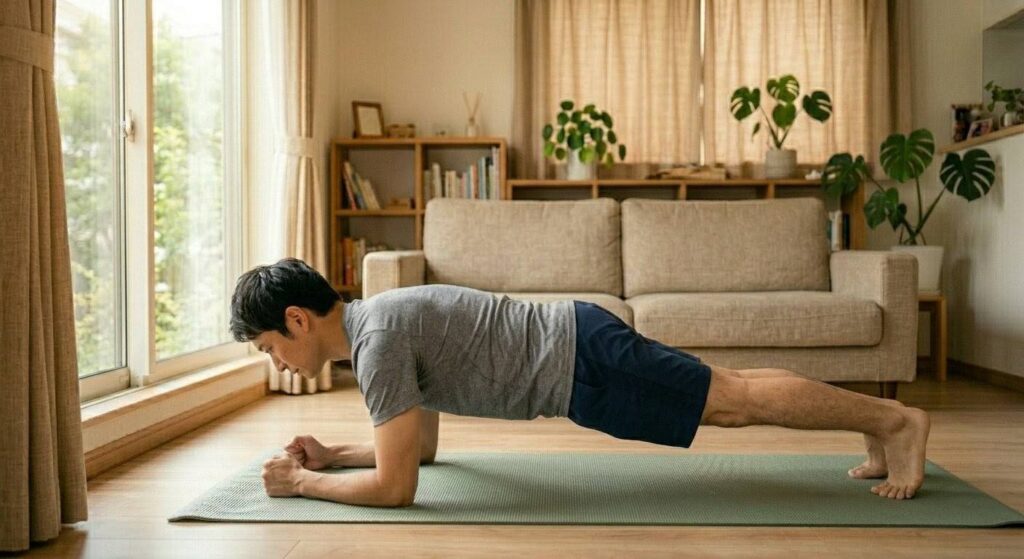 朝のリビングで、肘を突いて全身を一直線に保つプランク（体幹トレーニング）をする日本人男性